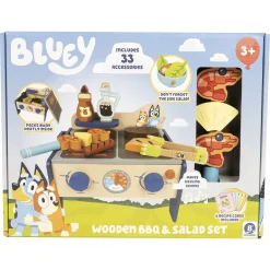 Bluey bordgrill i træ med legemad – 34 dele - Legekøkken tilbehør