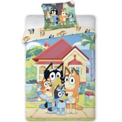 Bluey sengetøj - 100% bomuld - Børnesengetøj 140x200 cm - Bluey og familien - Beige bagside