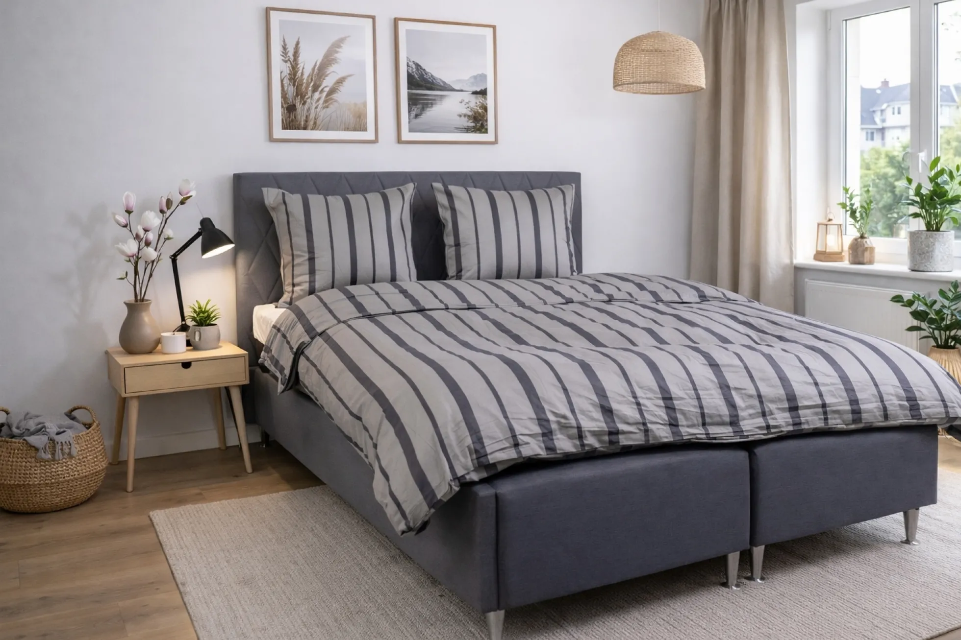 Dobbelt sengetøj 200x220 cm - 100% bomuldssatin - Lana - Grå og sorte striber