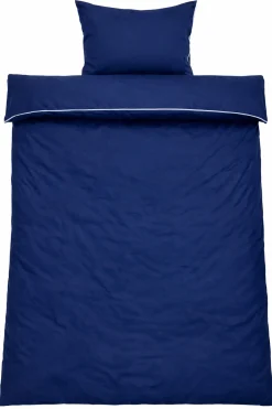 Dobbelt sengetøj 200x220 cm - 100% bomuldssatin - Blå med hvid pipingkant