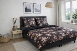 Dobbelt sengetøj 240x220 cm - 100% bomuldssatin - Vendbart gråt blomster print og prikker