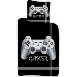 Gamer sengetøj - 100% bomuld - Børnesengetøj 140x200 cm - Sort sengetøj med controller