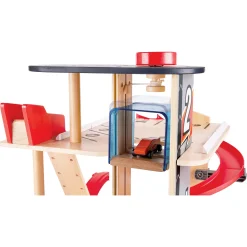 Hape Gearhead stuntgarage - parkeringshus med elevator, loop og 2 biler - 50x59x40 cm