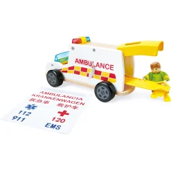 Hape Rapid Response ambulance - udrykningskøretøj med lys, sirene og båre - 26x12 cm