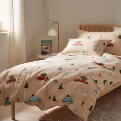 Julesengetøj - 100% bomuld - Babysengetøj 70x100 cm - Beige med biler og juletræer