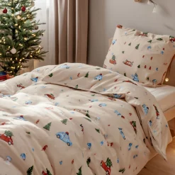 Julesengetøj - 100% bomuld - Junior sengetøj 100x140 cm - Beige med biler og juletræer