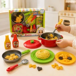 Legemad med pasta, tallerkner og stegepande - 42 dele