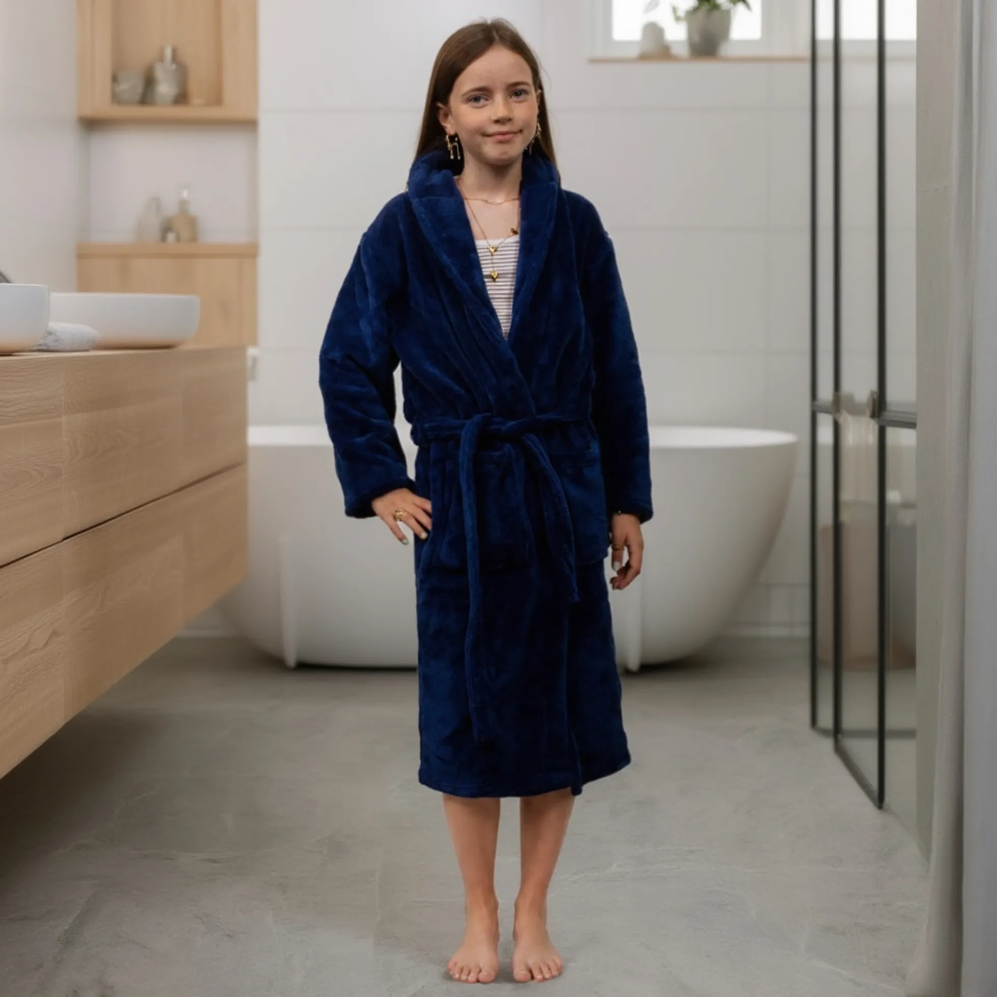 Morgenkåbe str. 8-10 år - 100% blød fleece børnekåbe - Blå