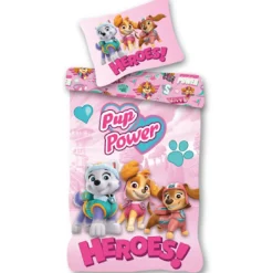 Paw Patrol sengetøj - 100% bomuld - Børnesengetøj 140x200 cm - Lyderødt - Pup Power Heroes