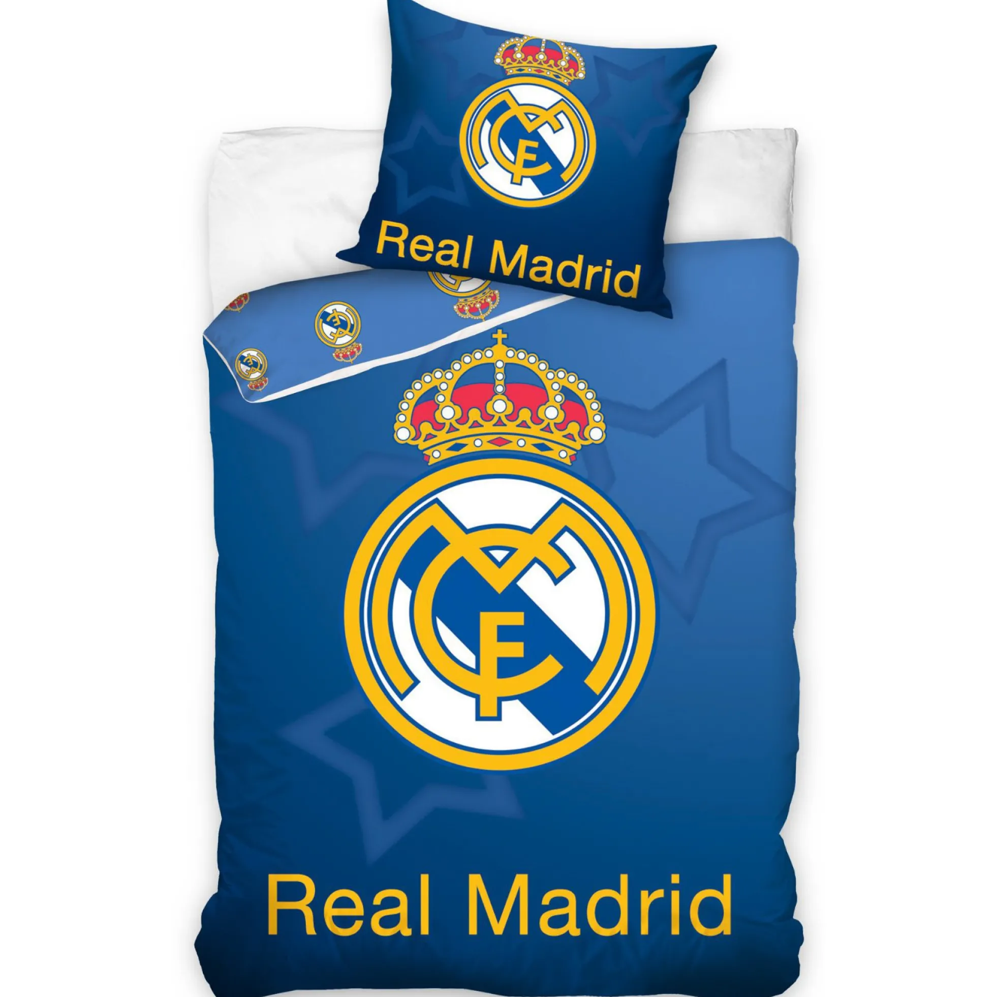 Real Madrid sengetøj - 100% bomuld - Børnesengetøj 140x200 cm - Blåt fodbold sengetøj med stjerner