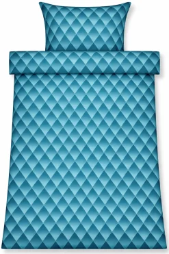 Sengetøj 140x200 cm - 100% bomuldssatin - Blåt 3D harlekinmønster