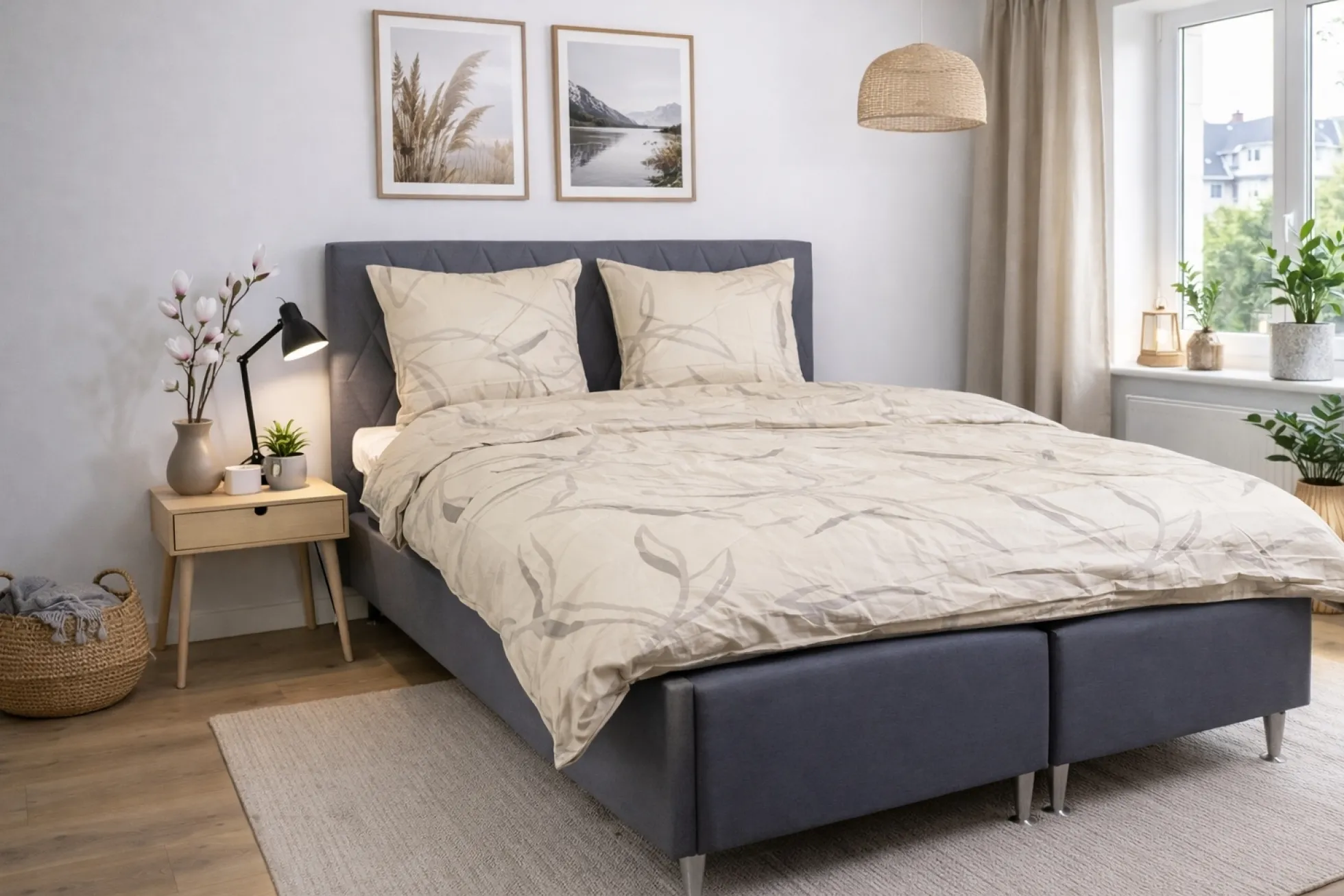 Sengetøj 140x220 cm - 100% bomuldssatin - Iris - Beige blomster print