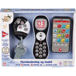 Sæt med talende fjernbetjening og mobiltelefon samt bilnøgler med lys/lyde