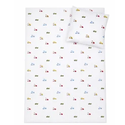 Stribet arbejdsmaskine sengetøj - 100% bomuld - Junior sengetøj 100x140 cm - Hvid med blå striber og arbejdsmaskiner