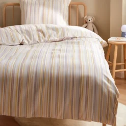 Stribet sengetøj - 100% bomuld - Babysengetøj 70x100 cm - Beige med lilla striber
